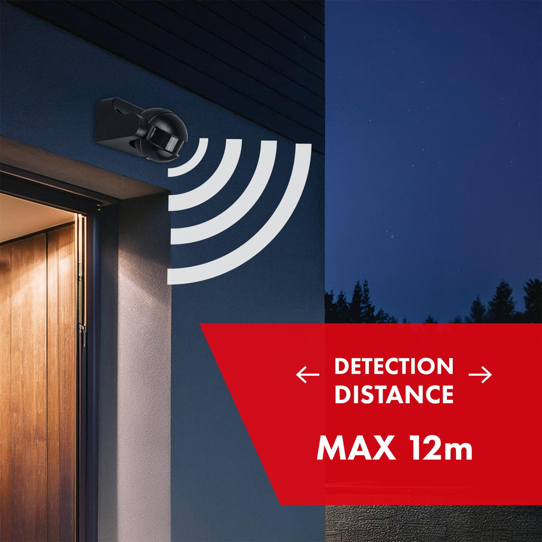 Maclean PIR senzor pokreta, infracrveni, IP44, crni s crnim poklopcem, domet 12 m, maksimalno opterećenje 300/1200 W, MCE358 B/B