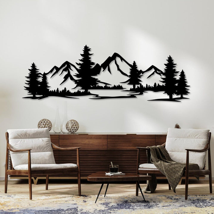 Prorezana slika, 3D zidna dekoracija, 3D slika "Planine s šumom" 100x34 cm crna