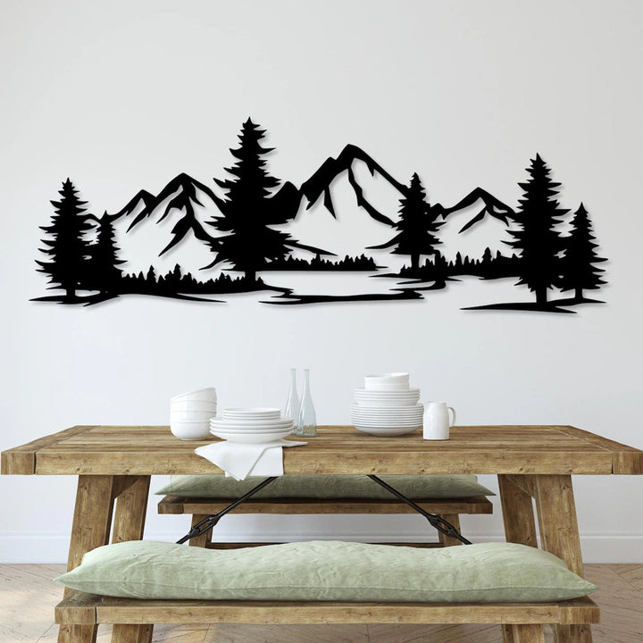 Prorezana slika, 3D zidna dekoracija, 3D slika "Planine s šumom" 100x34 cm crna
