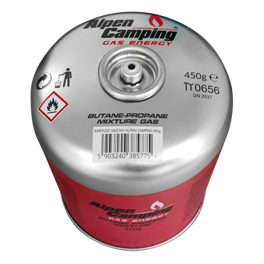 Alpen Camping plinska patrona od 450 g. Certifikat: Pi 0437, u skladu s EN417, propan-butan, radni raspon -10 °C do +40 °C, navojni ventil 7/16", IK020.