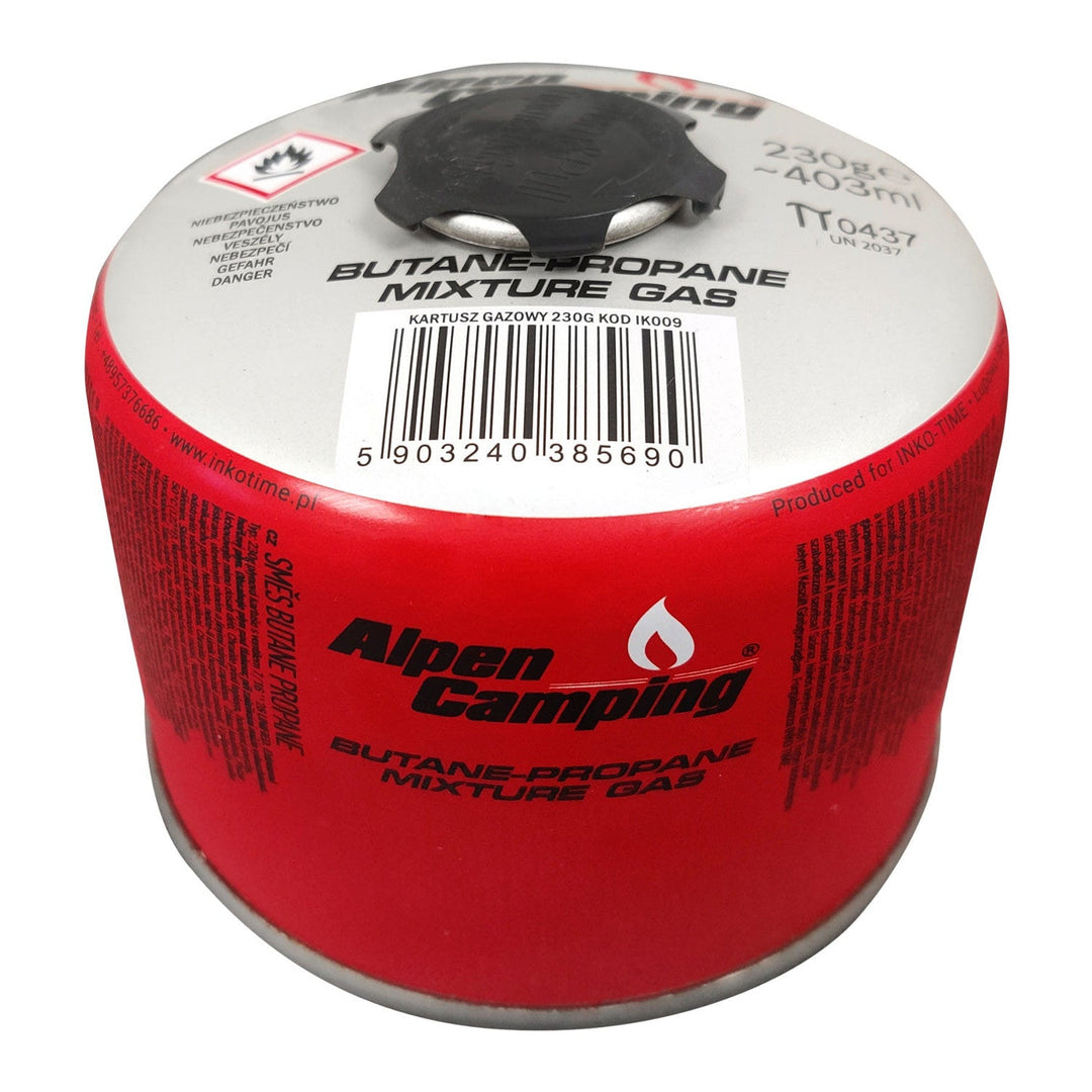 Alpen Camping plinska patrona 230 g. Certifikat: Pi 0656, u skladu s EN417, propan-butan, radni raspon -10 °C do +40 °C, ventil s navojem 7/16", IK009.