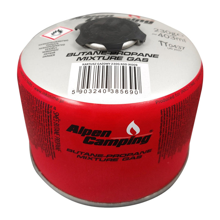 Alpen Camping plinska patrona 230 g. Certifikat: Pi 0656, u skladu s EN417, propan-butan, radni raspon -10 °C do +40 °C, ventil s navojem 7/16", IK009.