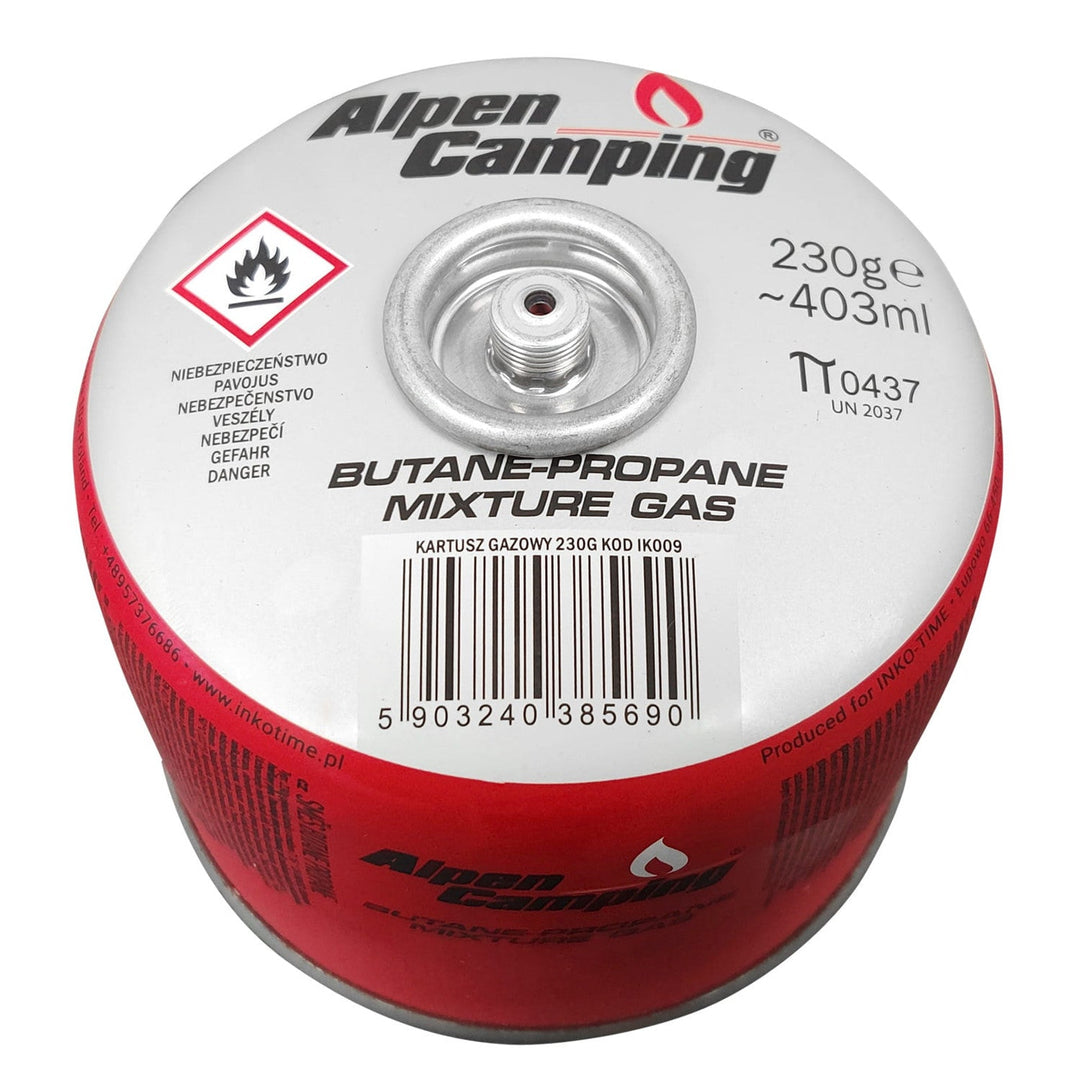 Alpen Camping plinska patrona 230 g. Certifikat: Pi 0656, u skladu s EN417, propan-butan, radni raspon -10 °C do +40 °C, ventil s navojem 7/16", IK009.