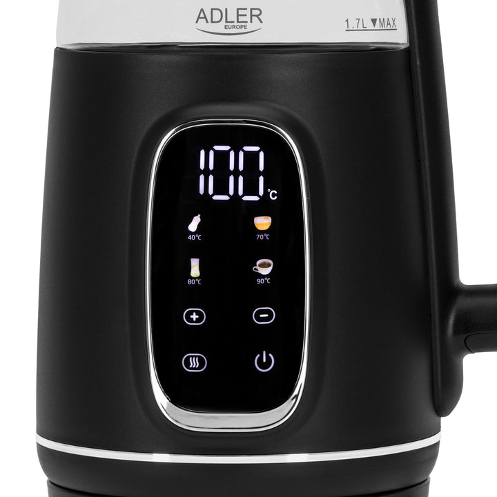 Adler 1.7L staklena električna kuhalo za vodu, crno i srebrno, kontrola temperature, LED zaslon, AD 1305 bs