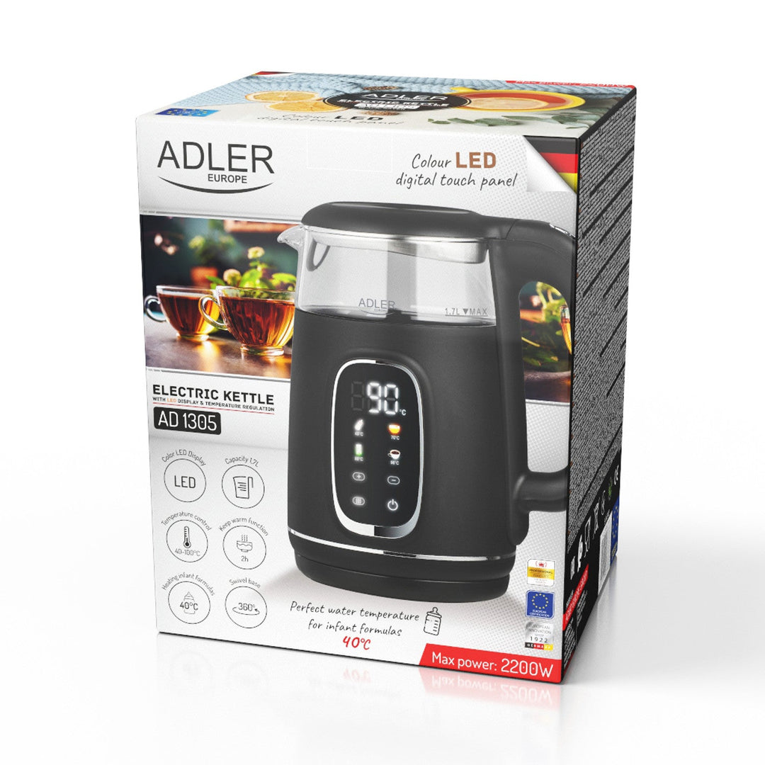 Adler 1.7L staklena električna kuhalo za vodu, crno i srebrno, kontrola temperature, LED zaslon, AD 1305 bs