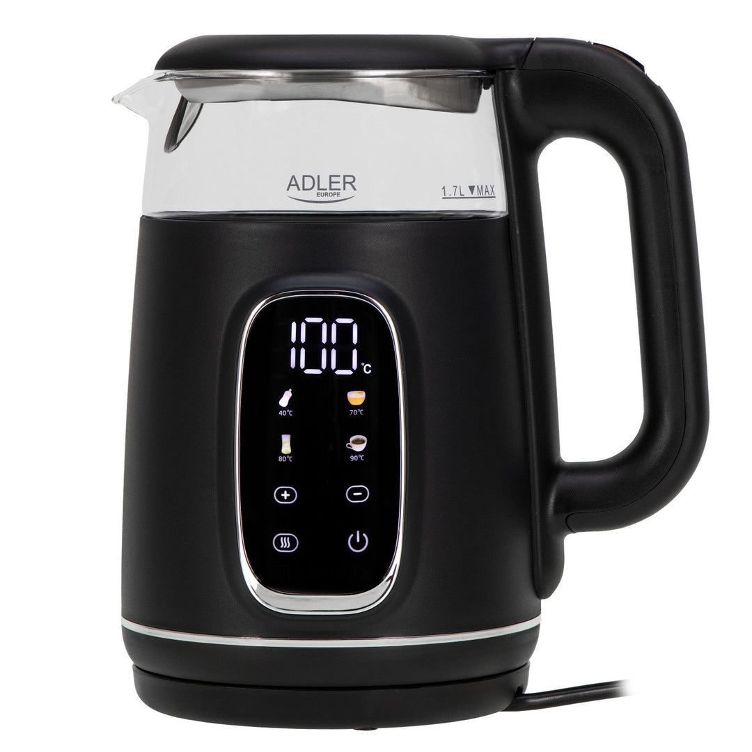 Adler 1.7L staklena električna kuhalo za vodu, crno i srebrno, kontrola temperature, LED zaslon, AD 1305 bs