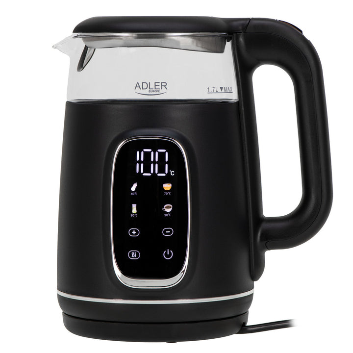 Adler 1.7L staklena električna kuhalo za vodu, crno i srebrno, kontrola temperature, LED zaslon, AD 1305 bs