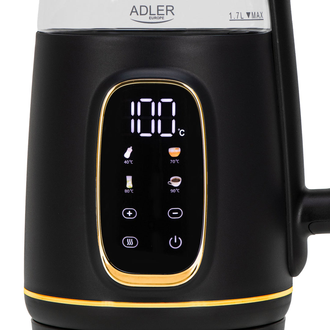 Adler 1.7L staklena električna kuhalo za vodu, crno i zlatno, kontrola temperature, LED zaslon, AD 1305 bg
