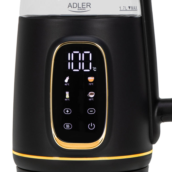 Adler 1.7L staklena električna kuhalo za vodu, crno i zlatno, kontrola temperature, LED zaslon, AD 1305 bg