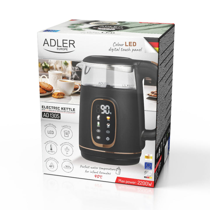 Adler 1.7L staklena električna kuhalo za vodu, crno i zlatno, kontrola temperature, LED zaslon, AD 1305 bg