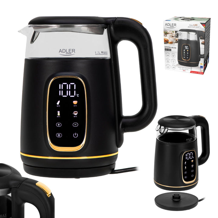 Adler 1.7L staklena električna kuhalo za vodu, crno i zlatno, kontrola temperature, LED zaslon, AD 1305 bg