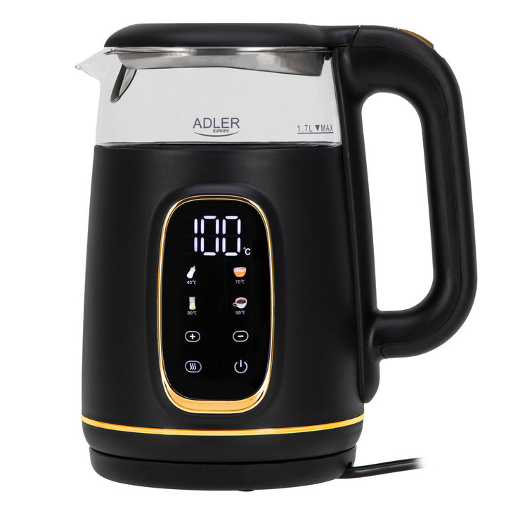 Adler 1.7L staklena električna kuhalo za vodu, crno i zlatno, kontrola temperature, LED zaslon, AD 1305 bg
