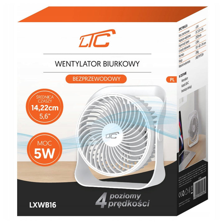 LTC bežični stolni ventilator, punjenje putem USB-C, 4 brzine, 2000 mAh baterija, LXWB16