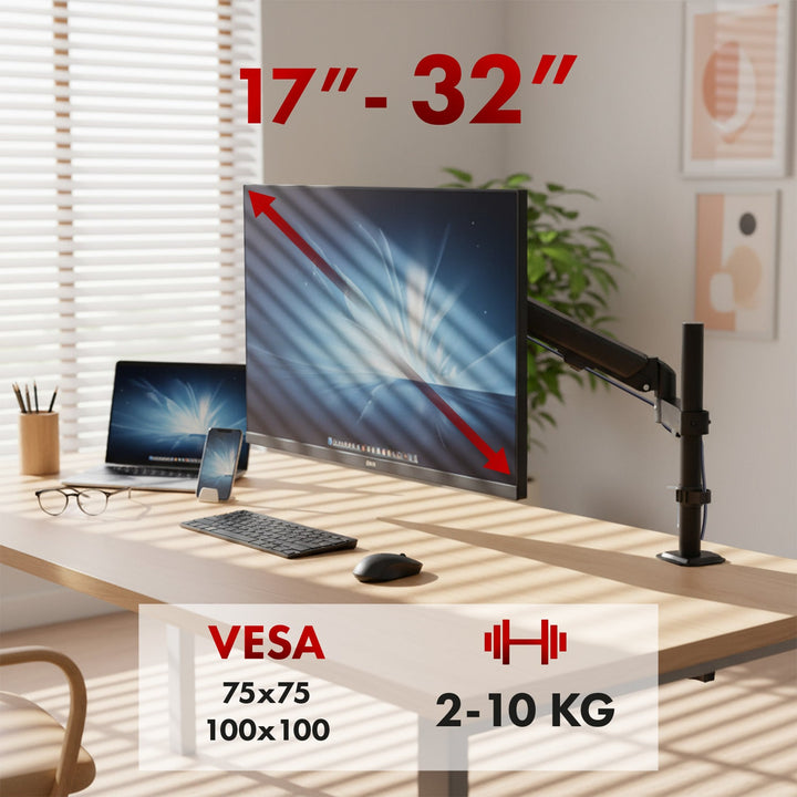 Maclean nosač monitora, plinski opružni sustav, 17"-32", 2-10 kg, crni, MC-135