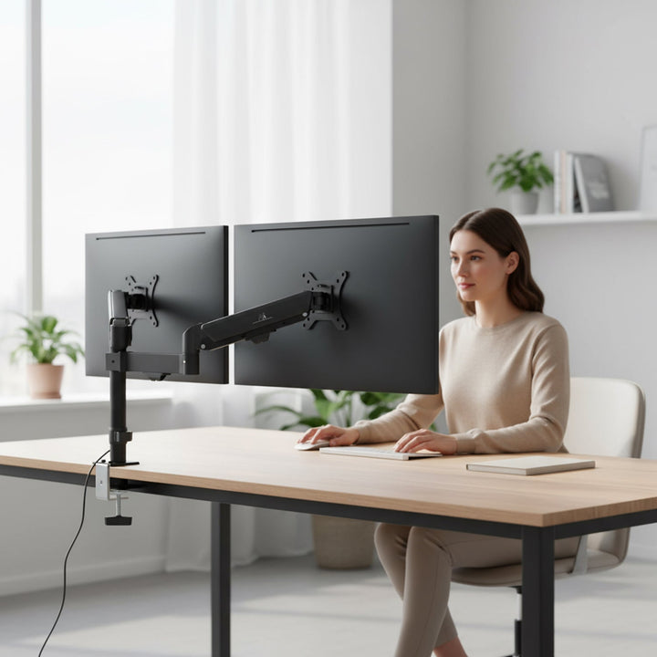 Maclean nosač za dva monitora, plinski opružni mehanizam, 17"-32", 2-10 kg, crni, MC-136