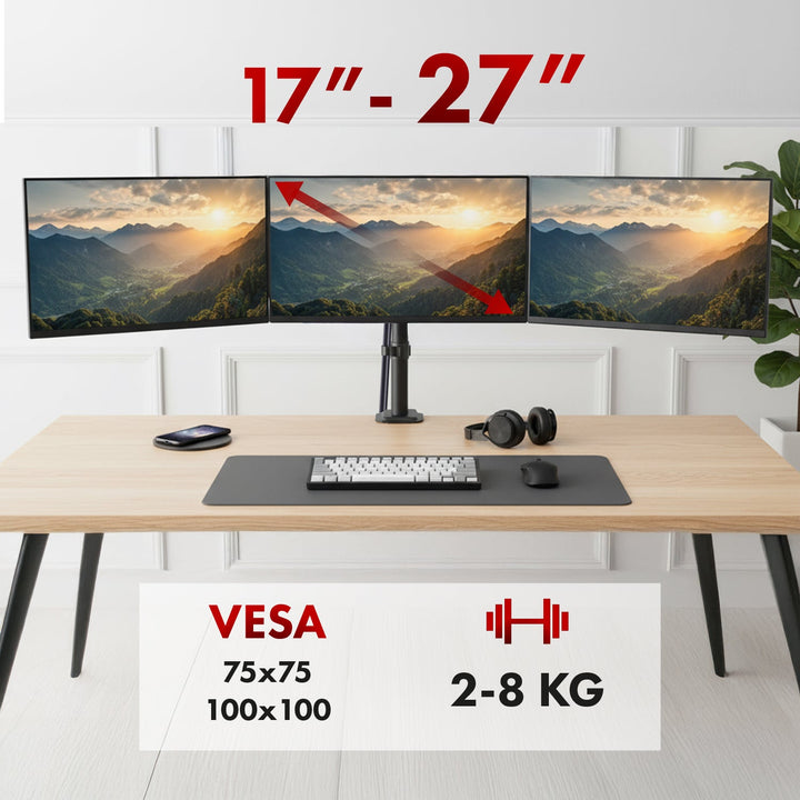 Maclean nosač za 3 monitora, plinski opružni sustav, 17"-27", 2-8 kg, crni, MC-137