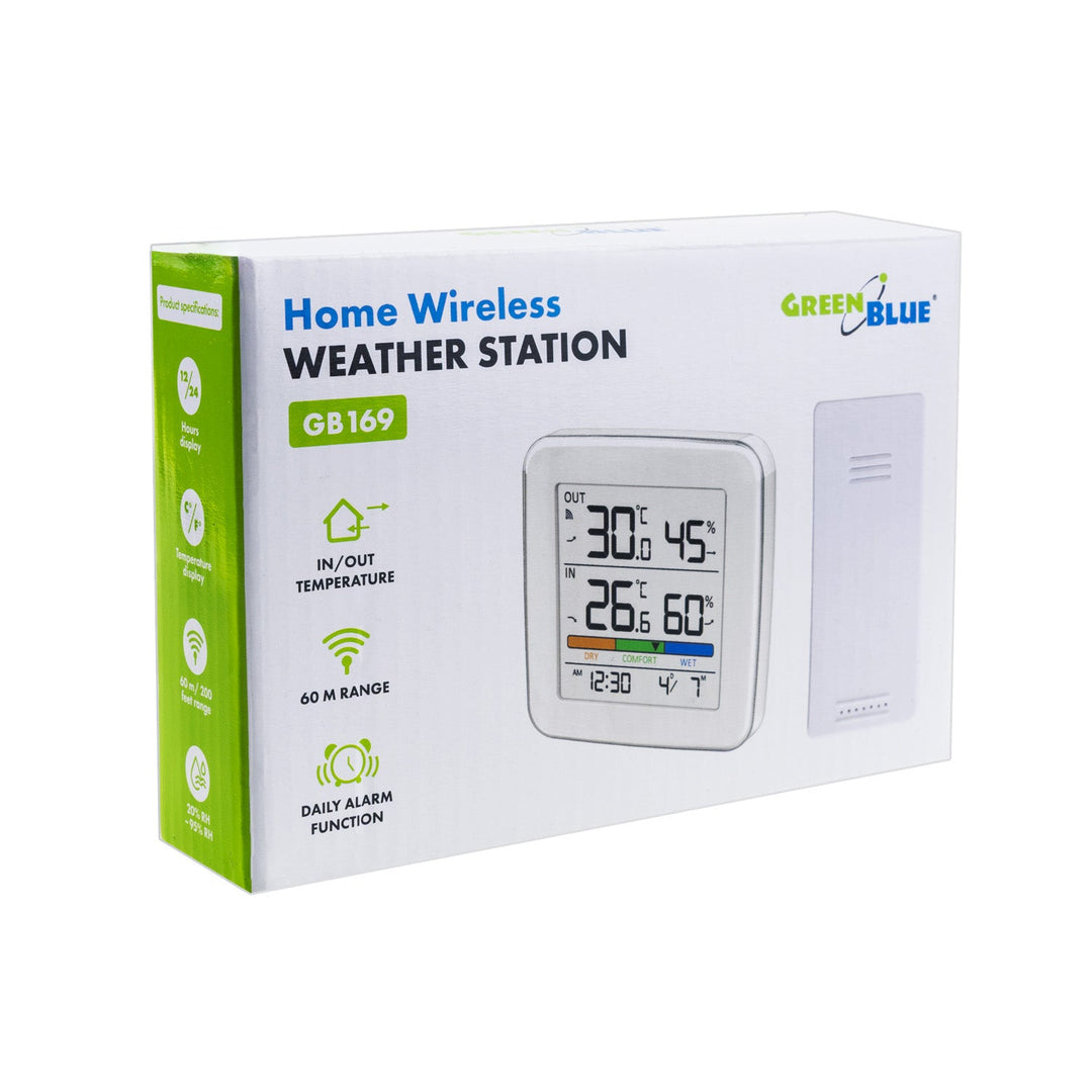 GreenBlue bežična vremenska stanica, temperatura i vlaga ulaz/izlaz, sat, alarm i datum, odabir °C / °F, domet do 60 m, GB169