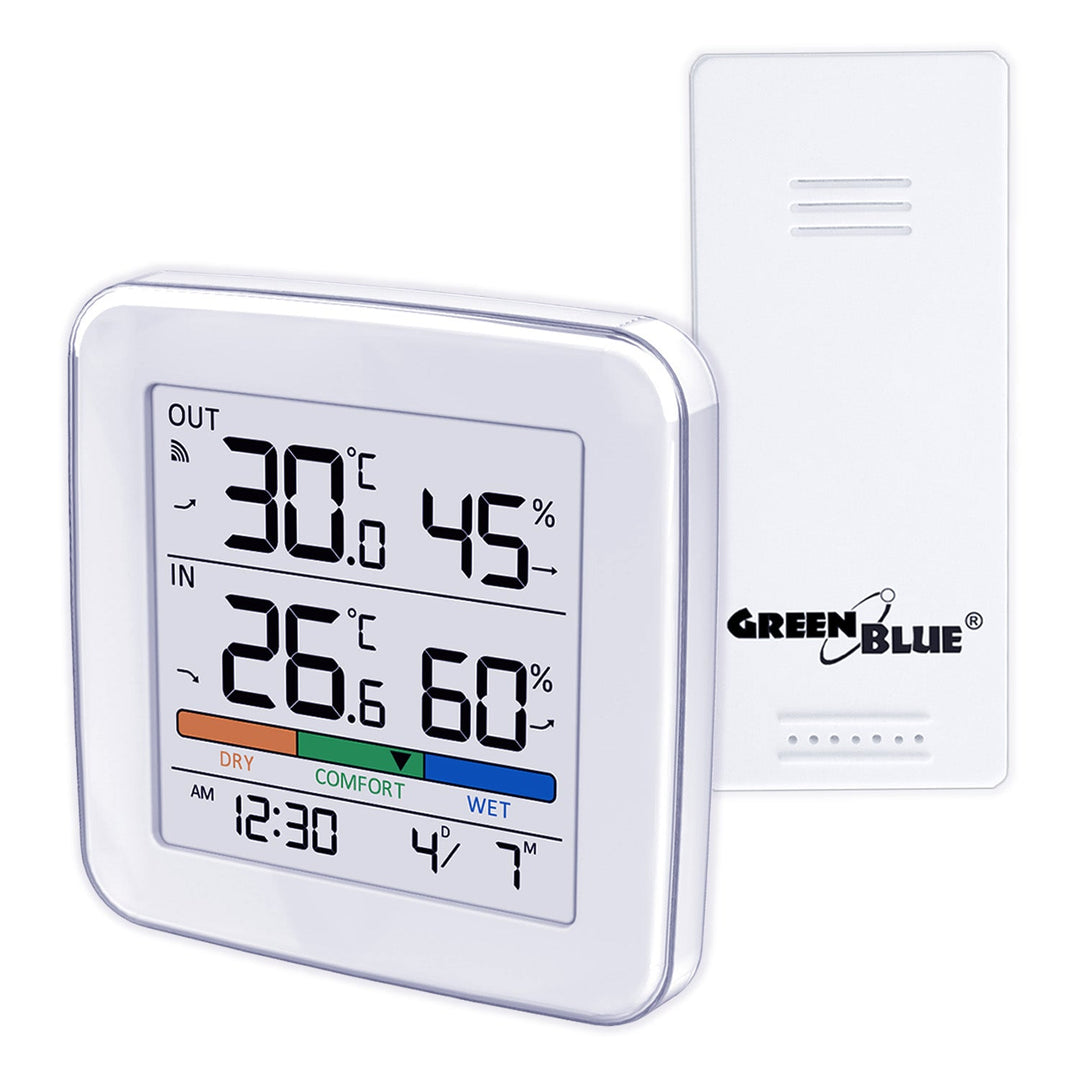 GreenBlue bežična vremenska stanica, temperatura i vlaga ulaz/izlaz, sat, alarm i datum, odabir °C / °F, domet do 60 m, GB169