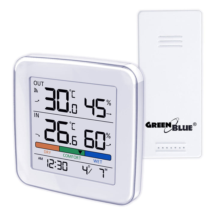 GreenBlue bežična vremenska stanica, temperatura i vlaga ulaz/izlaz, sat, alarm i datum, odabir °C / °F, domet do 60 m, GB169