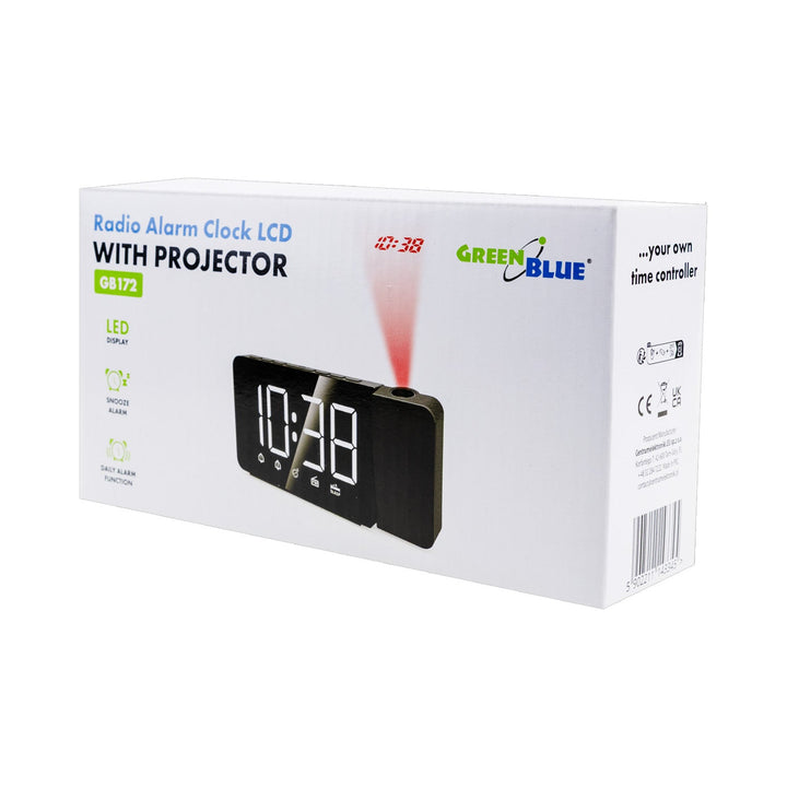 Digitalni LED radio-budilica s GreenBlue projektorom, FM radio, alarm, 12/24 sat, 5 V DC USB napajanje + CR2032, GB172