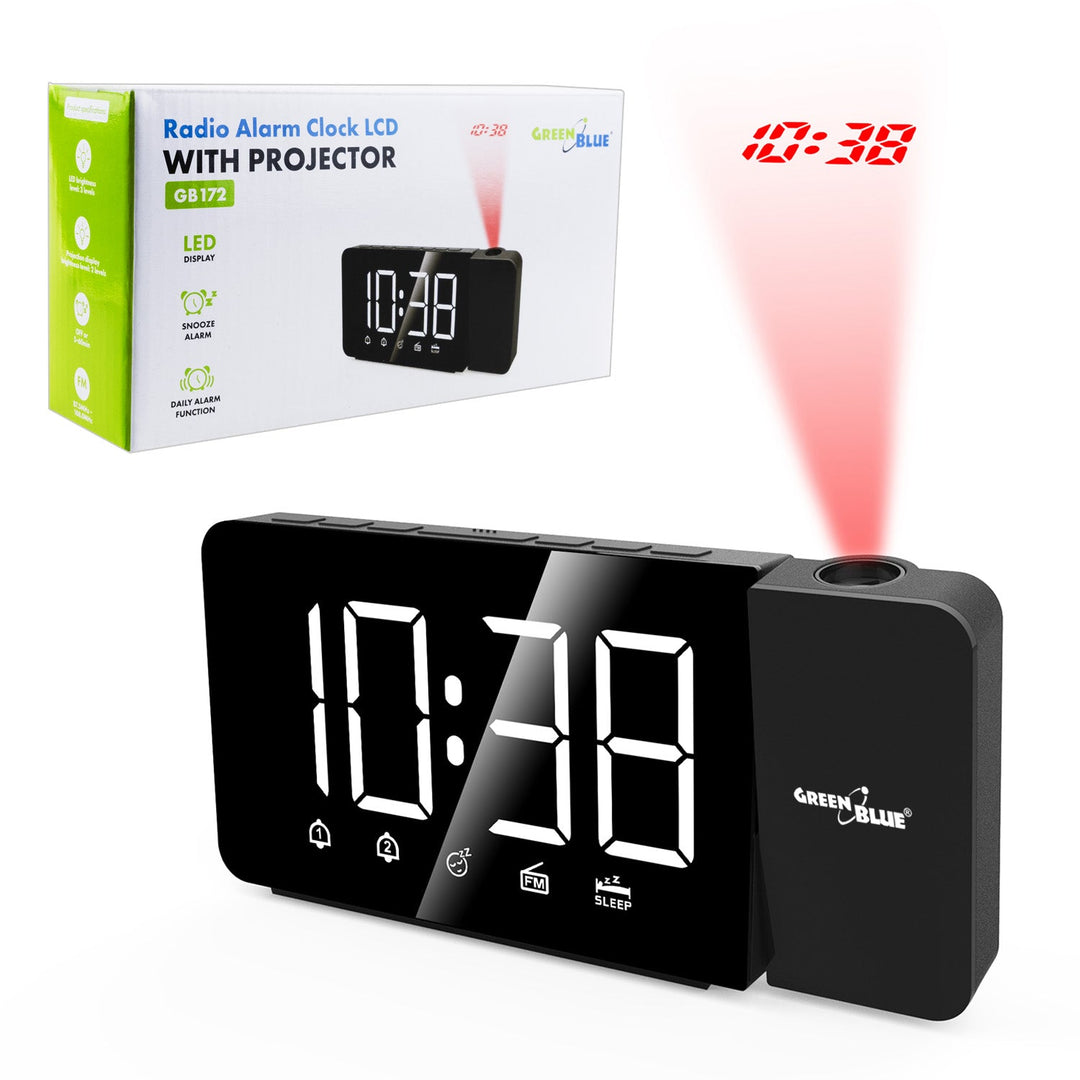 Digitalni LED radio-budilica s GreenBlue projektorom, FM radio, alarm, 12/24 sat, 5 V DC USB napajanje + CR2032, GB172