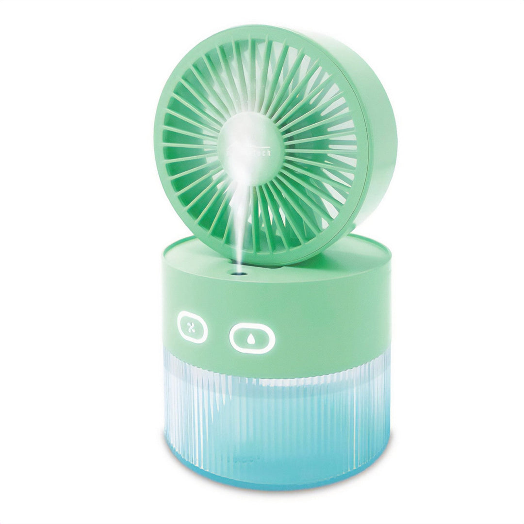 Stolni ventilator s ovlaživanjem zraka. Kapacitet 350 ml. Izlaz maglice 40 ml/h. Napajanje putem USB-C.