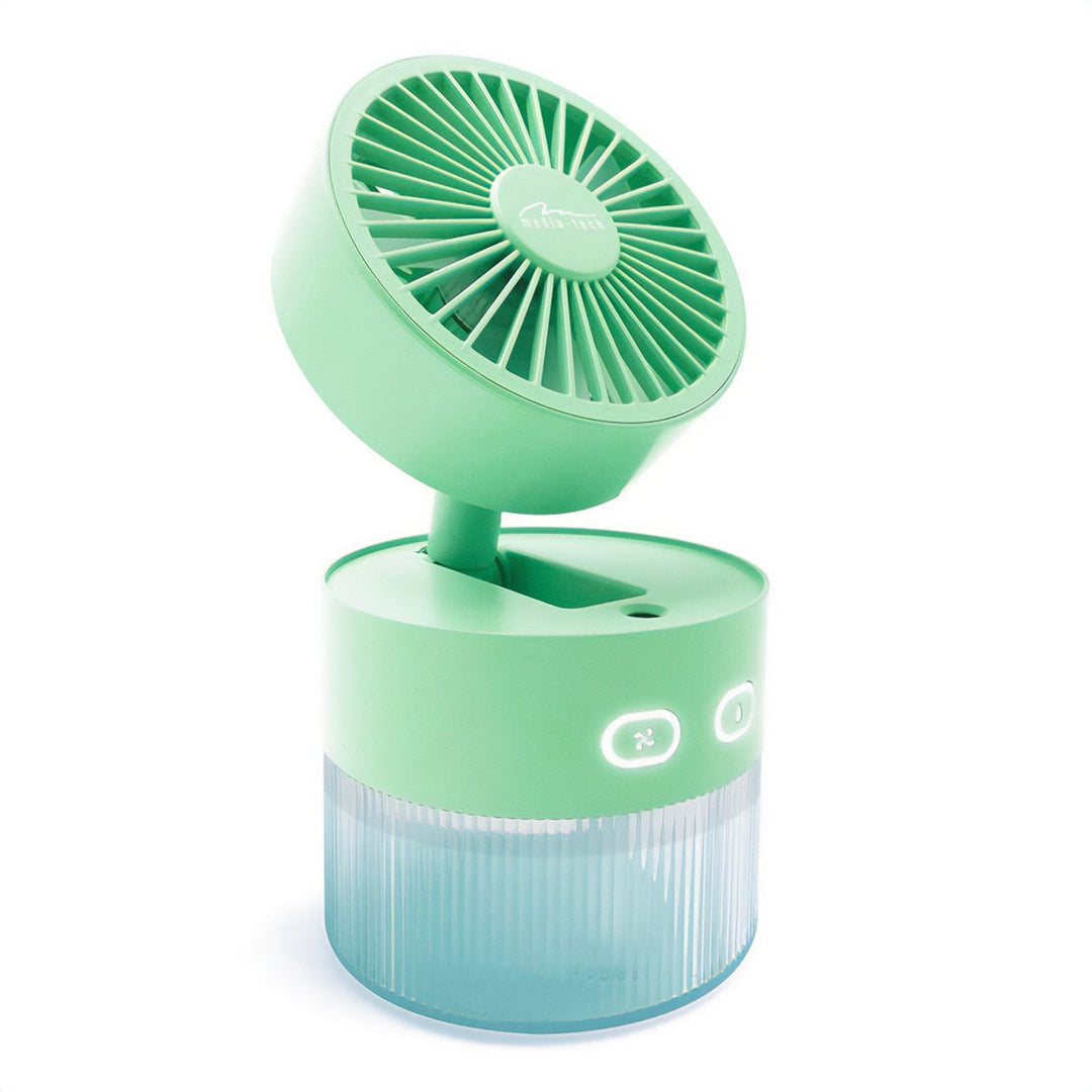 Stolni ventilator s ovlaživanjem zraka. Kapacitet 350 ml. Izlaz maglice 40 ml/h. Napajanje putem USB-C.
