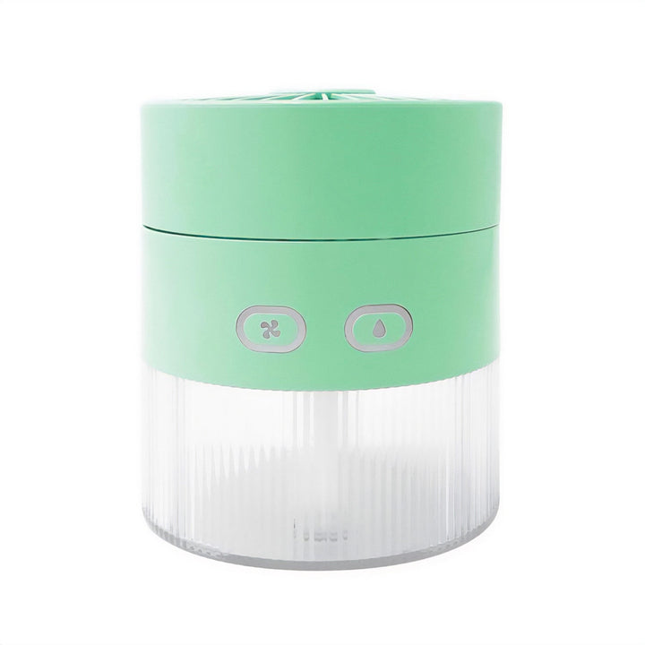 Stolni ventilator s ovlaživanjem zraka. Kapacitet 350 ml. Izlaz maglice 40 ml/h. Napajanje putem USB-C.