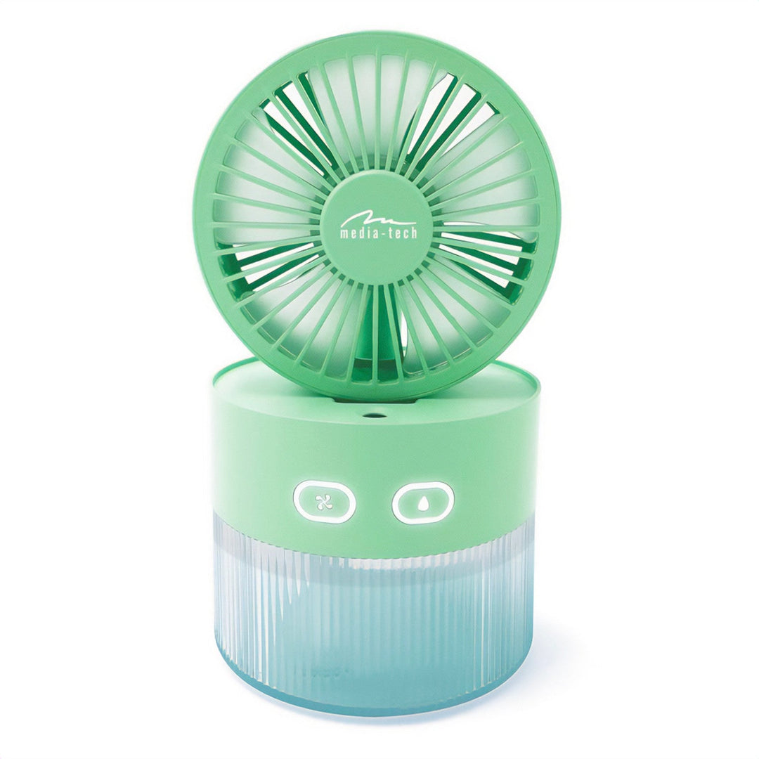 Stolni ventilator s ovlaživanjem zraka. Kapacitet 350 ml. Izlaz maglice 40 ml/h. Napajanje putem USB-C.
