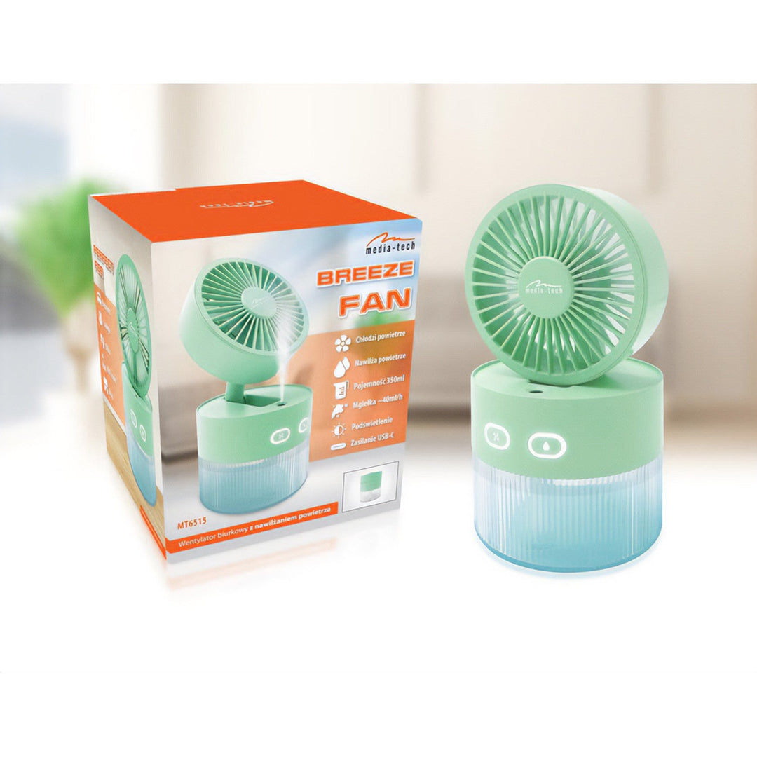 Stolni ventilator s ovlaživanjem zraka. Kapacitet 350 ml. Izlaz maglice 40 ml/h. Napajanje putem USB-C.