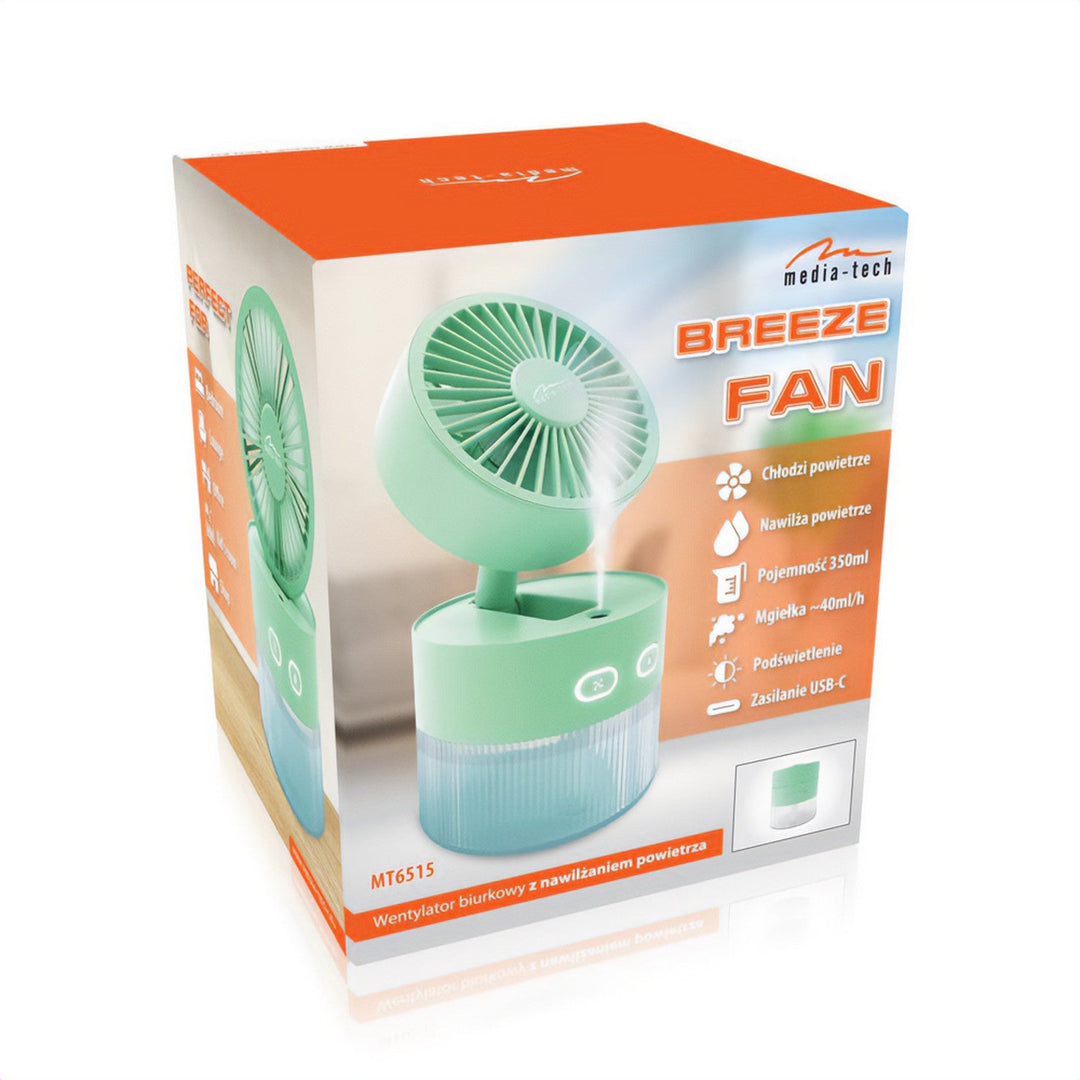 Stolni ventilator s ovlaživanjem zraka. Kapacitet 350 ml. Izlaz maglice 40 ml/h. Napajanje putem USB-C.