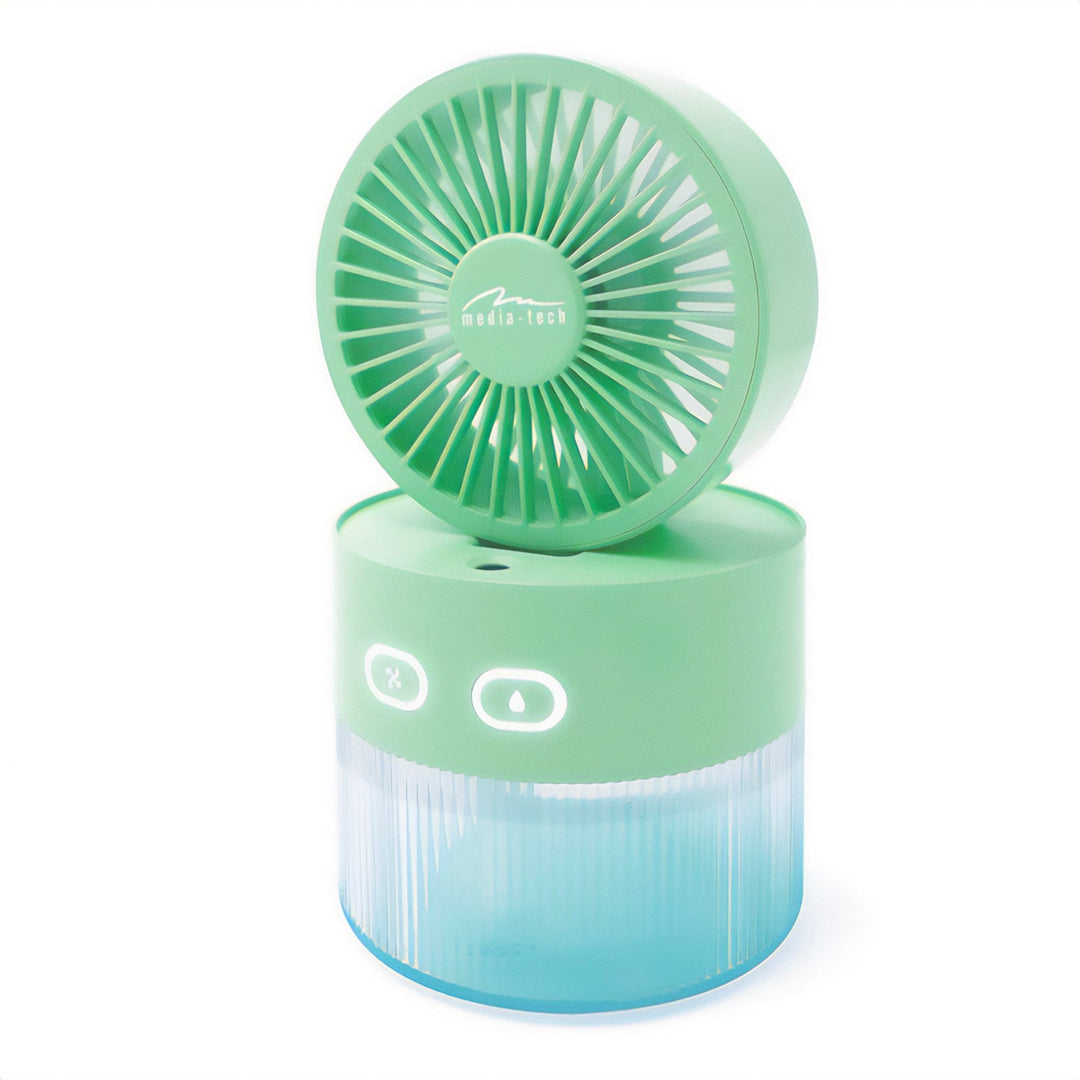 Stolni ventilator s ovlaživanjem zraka. Kapacitet 350 ml. Izlaz maglice 40 ml/h. Napajanje putem USB-C.