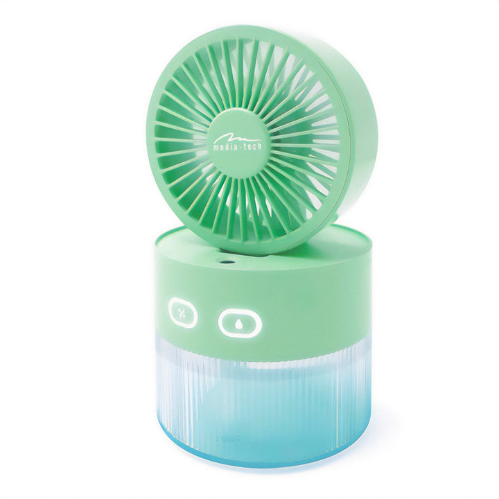 Stolni ventilator s ovlaživanjem zraka. Kapacitet 350 ml. Izlaz maglice 40 ml/h. Napajanje putem USB-C.