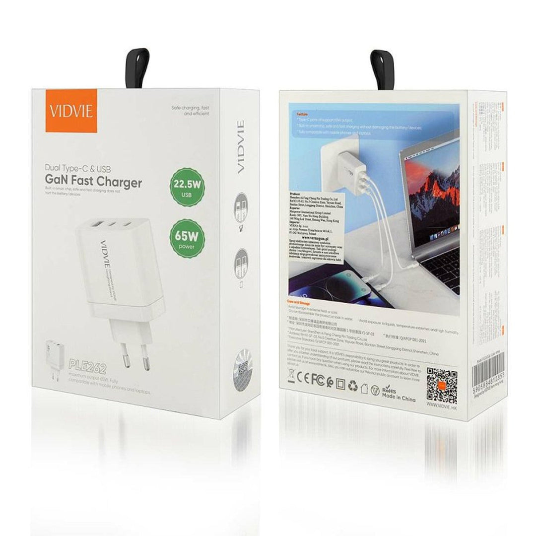 VIDVIE glavni punjač, 3A, 65W, 2x USB-C, 1x USB, kabel USB-C/iPhone, PLE262