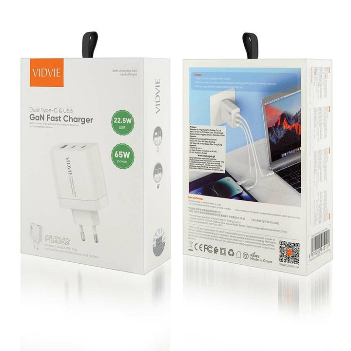 VIDVIE glavni punjač, 3 A, 65 W, 2x USB-C, 1x USB, kabel USB-C/USB-C, PLE262