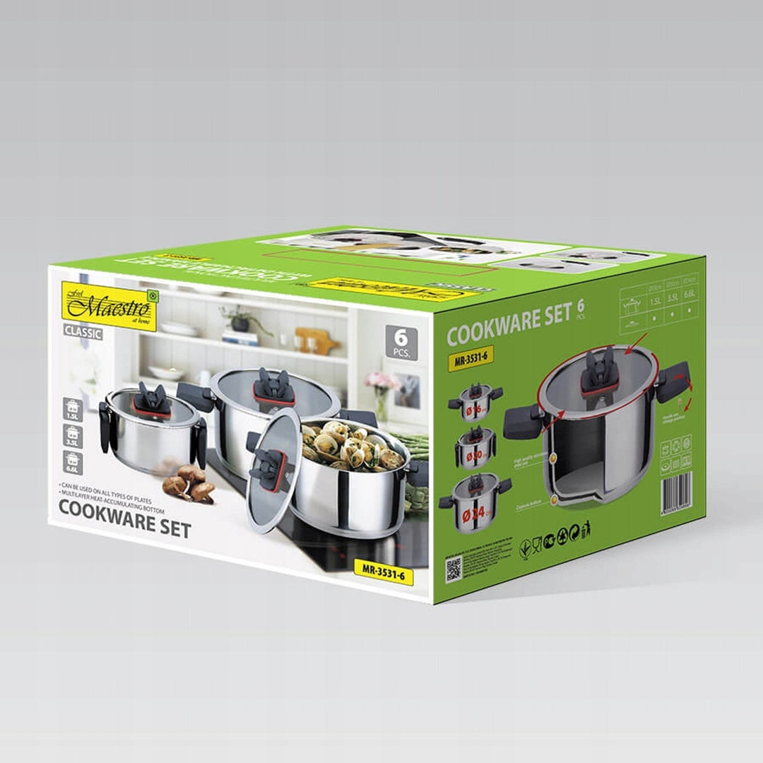 Set kuhinjskog posuđa Maestro, 6 komada, nehrđajući čelik, sklopive ručke, MR-3531-6