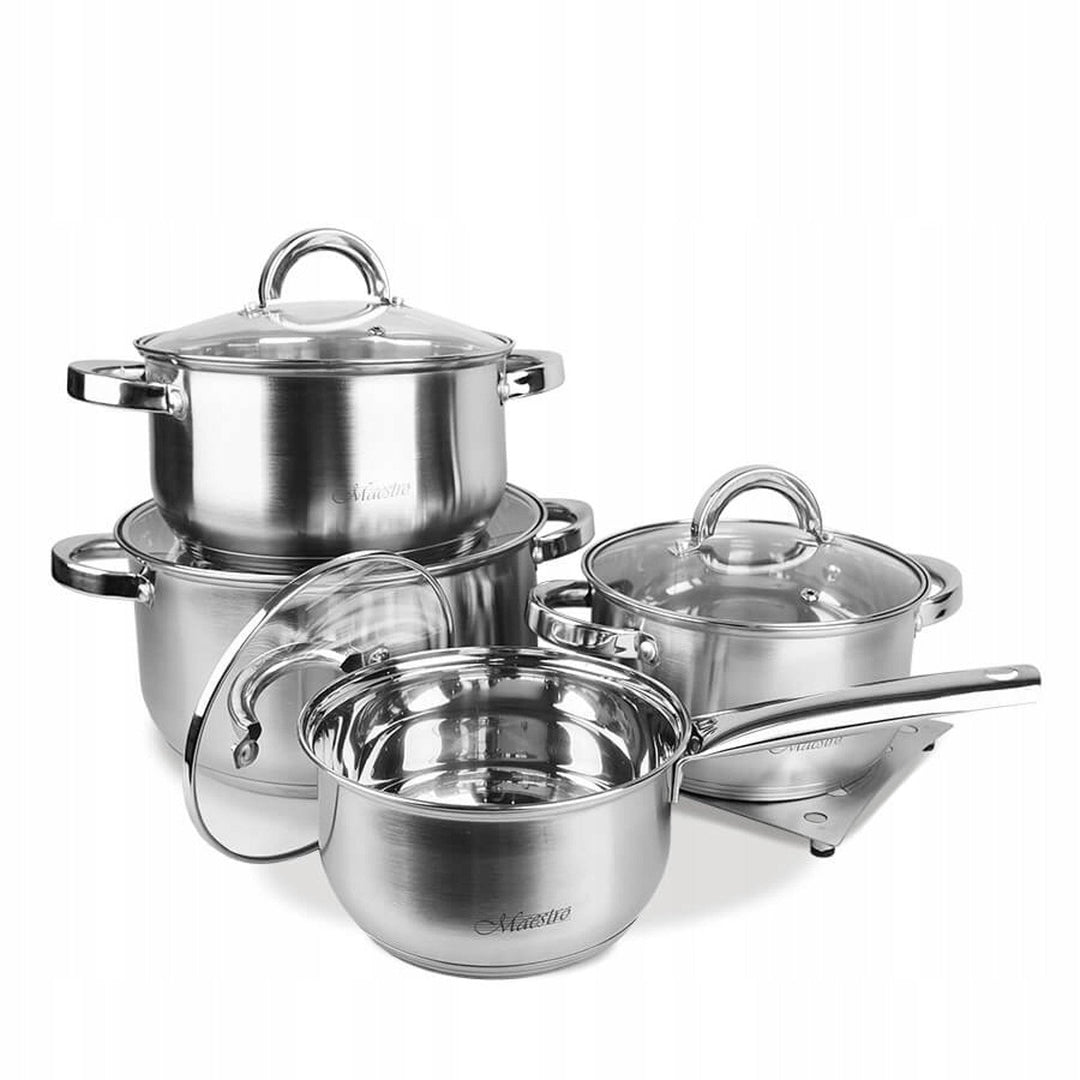 Maestro 9-dijelni set posuđa za kuhanje, 1,5 l, 2 l, 3 l, 5 l, nehrđajući čelik, siguran za perilicu posuđa, pogodan za sve vrste kuhala, stalak za vruće posuđe, MR-2021