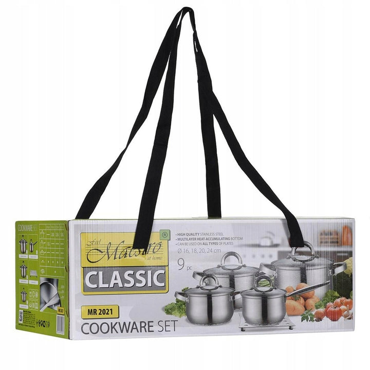 Maestro 9-dijelni set posuđa za kuhanje, 1,5 l, 2 l, 3 l, 5 l, nehrđajući čelik, siguran za perilicu posuđa, pogodan za sve vrste kuhala, stalak za vruće posuđe, MR-2021