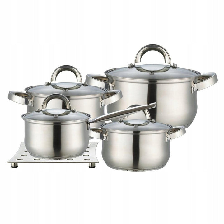 Maestro 9-dijelni set posuđa za kuhanje, 1,5 l, 2 l, 3 l, 5 l, nehrđajući čelik, siguran za perilicu posuđa, pogodan za sve vrste kuhala, stalak za vruće posuđe, MR-2021