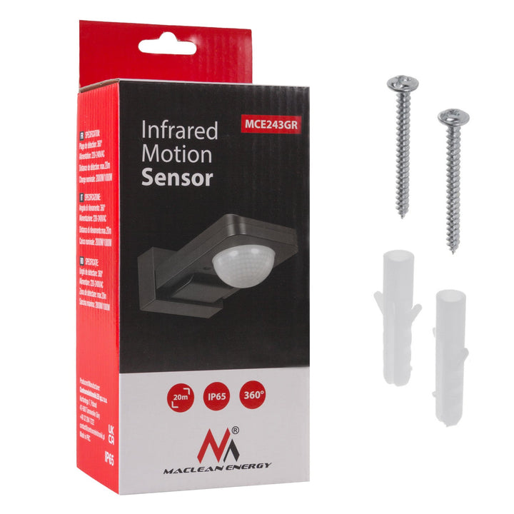 Maclean PIR senzor pokreta, infracrveni, IP65, max. 2000 W, MCE243 GR, 2 komada