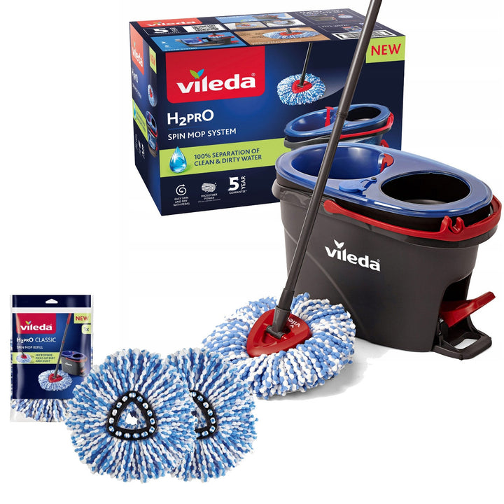Vileda spin mop, dva spremnika, sustav centrifuge, sklopiva ručka, jednostavno čišćenje kutova, turbo H2prO + 2 dodatna punjenja