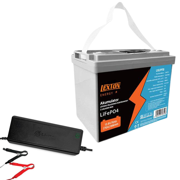 Lexton LiFePo4 litijska baterija na bazi željeznog fosfata, s BMS sustavom, 12,8 V, 70 Ah, LXLFP70 + LTC Energy LiFePO4 punjač baterija