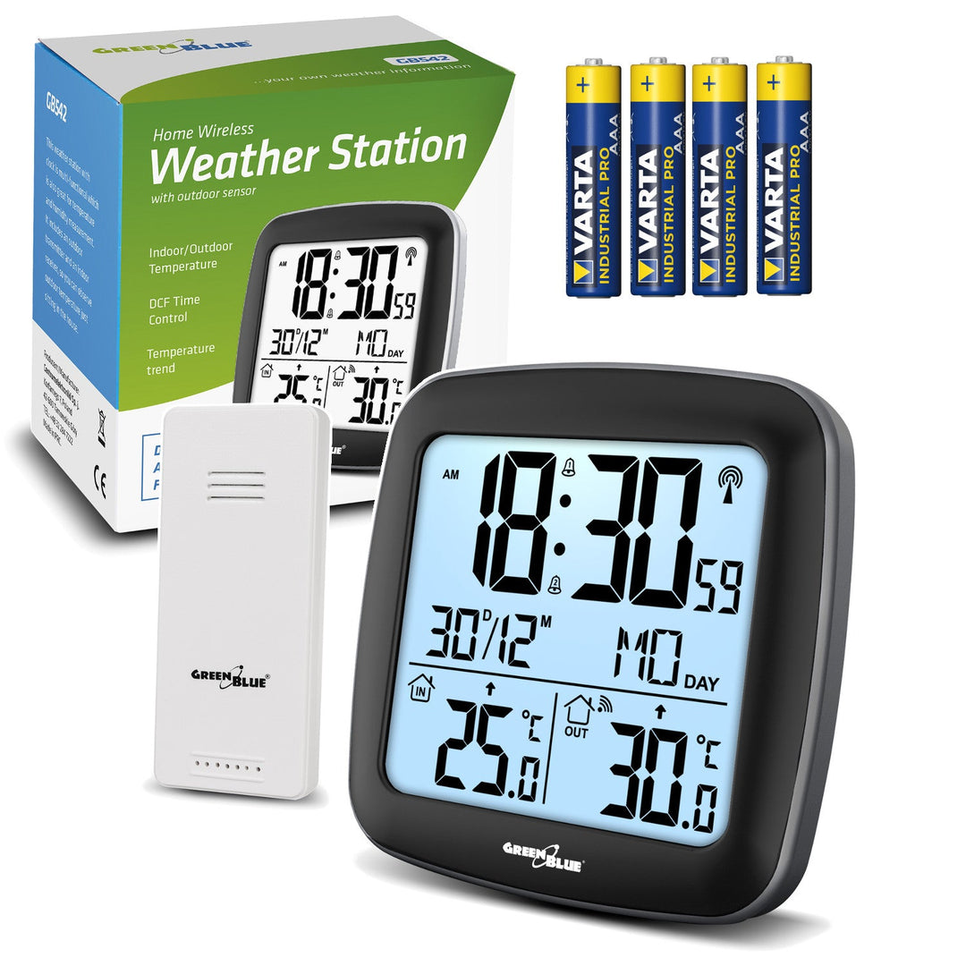 GreenBlue bežična vremenska stanica, s DCF sustavom, kalendar, alarm, GB542 + 4x Varta Industrial AAA alkalne baterije