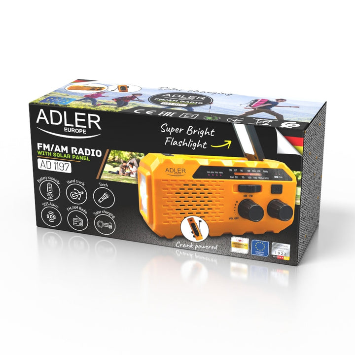 Adler solarni radio, baterija 1200 mAh, baterijska svjetiljka, ručna kurbla, AD 1197
