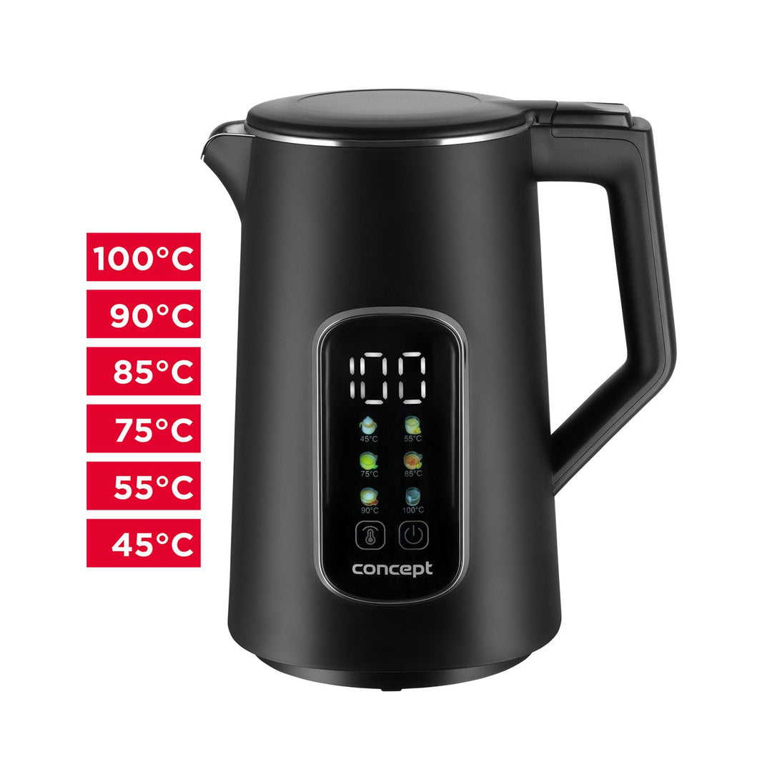 Konceptni električni čajnik, 1,7 l, kontrola temperature, LED zaslon, površina hladnog dodira, indikator razine vode, RK3385