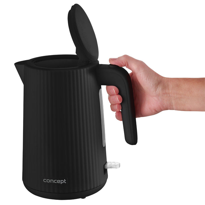 Koncept plastični električni kuhalo za vodu, 1,7 l, rebrasti dizajn, trostruki sigurnosni sustav, filter za kamenc, pokazatelj razine vode, crna, RK2391