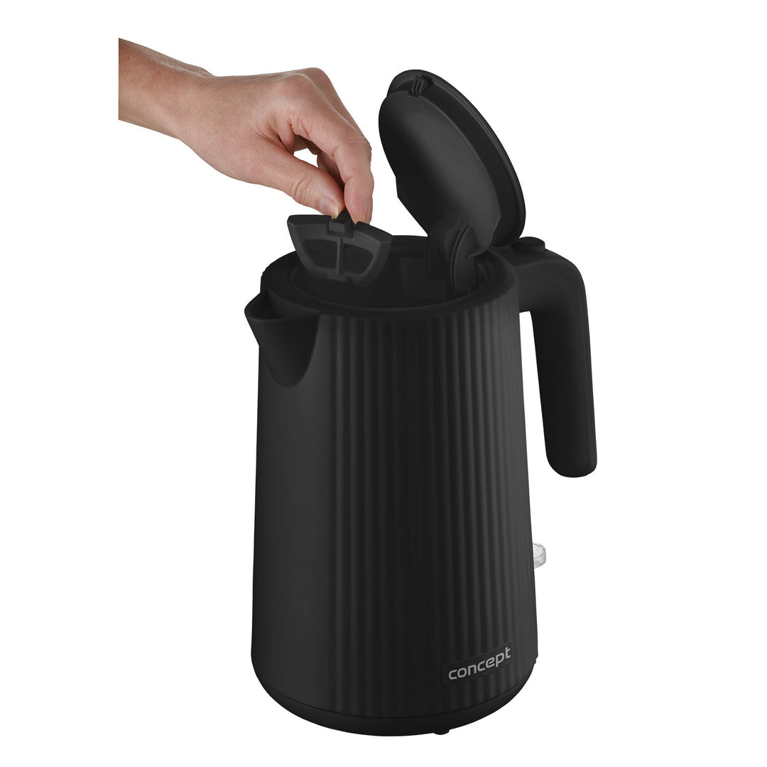 Koncept plastični električni kuhalo za vodu, 1,7 l, rebrasti dizajn, trostruki sigurnosni sustav, filter za kamenc, pokazatelj razine vode, crna, RK2391