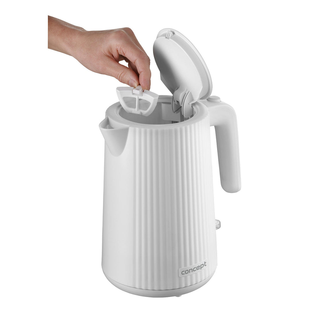Koncept plastični električni kuhalo za vodu, 1,7 l, rebrasti dizajn, trostruki sigurnosni sustav, filter za kamenac, pokazatelj razine vode, bijela, RK2390