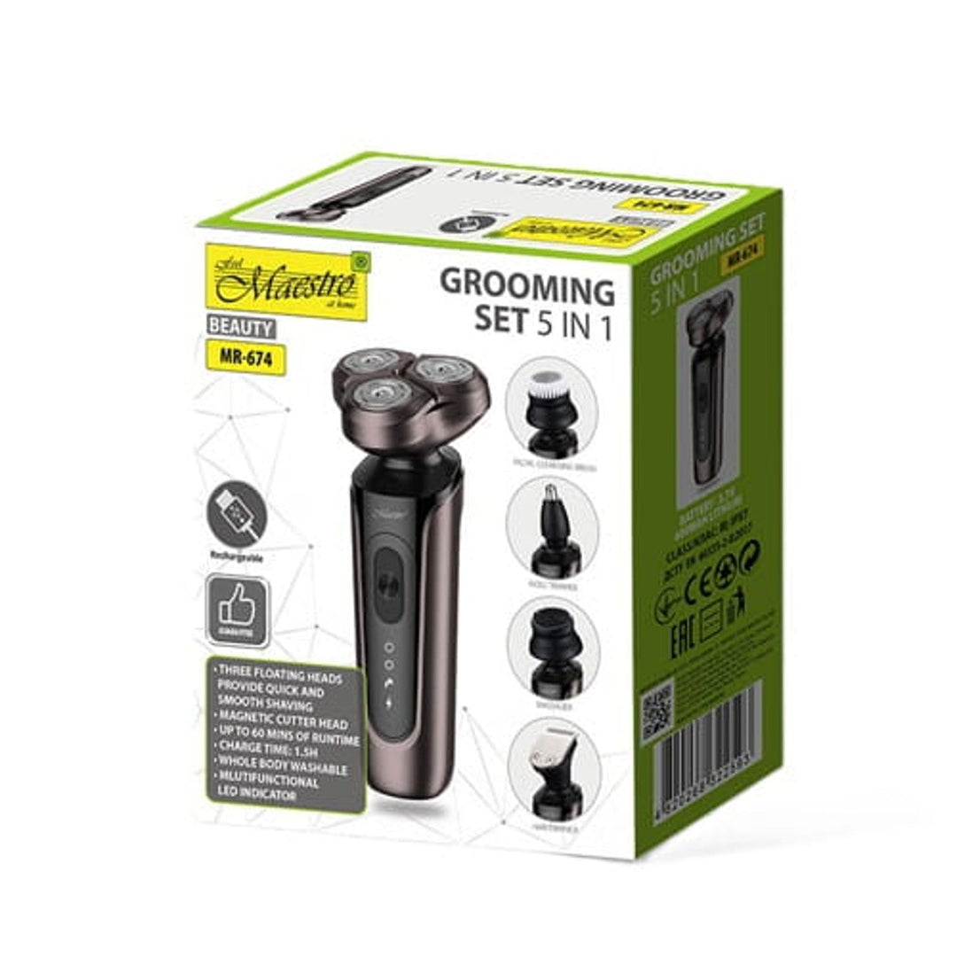 Maestro 5-u-1 set za brijanje, aparat za brijanje, trimer za nos, četka za čišćenje lica, masažni nastavak, trimer za dlake, vodootporno kućište, vrijeme rada do 60 minuta, MR-674