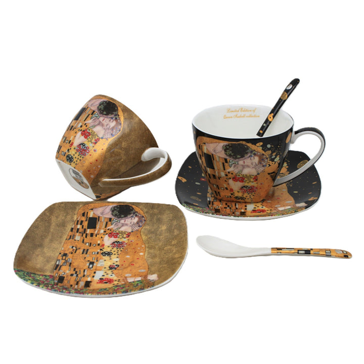 Set od 2 porculanske šalice Queen Isabell, motiv Poljupca od Klimta, čajne žličice, 250 ml, W25KL60-2-19000